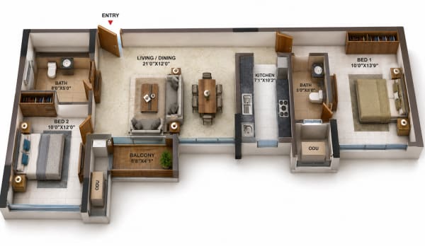 2 BHK Apartment floor plan