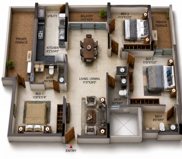 3 BHK Apartment floor plan — Casagrand Highclere