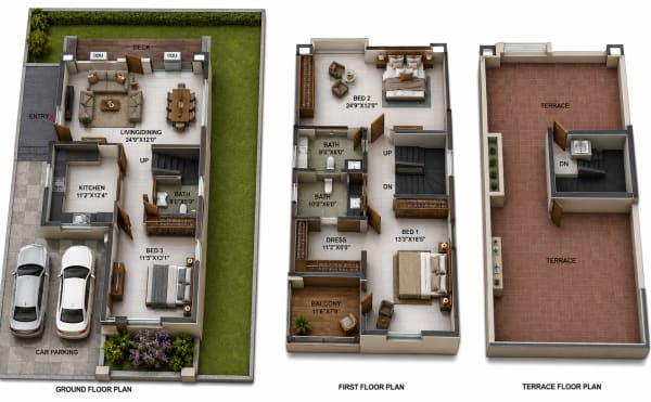 3 BHK Villa floor plan