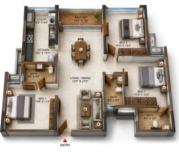 3 BHK Apartment floor plan