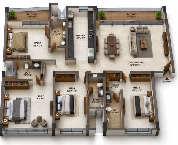 4 BHK Apartment floor plan