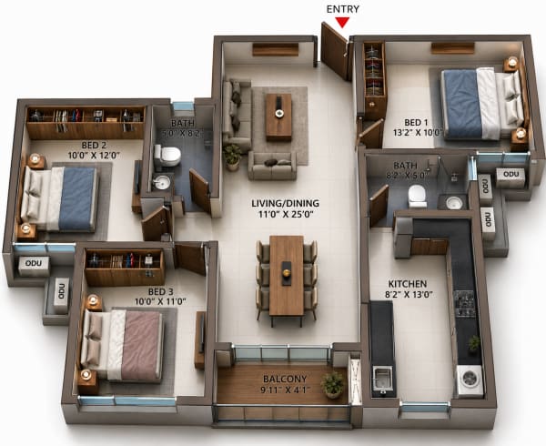 3 BHK floor plan — Casagrand Highcity