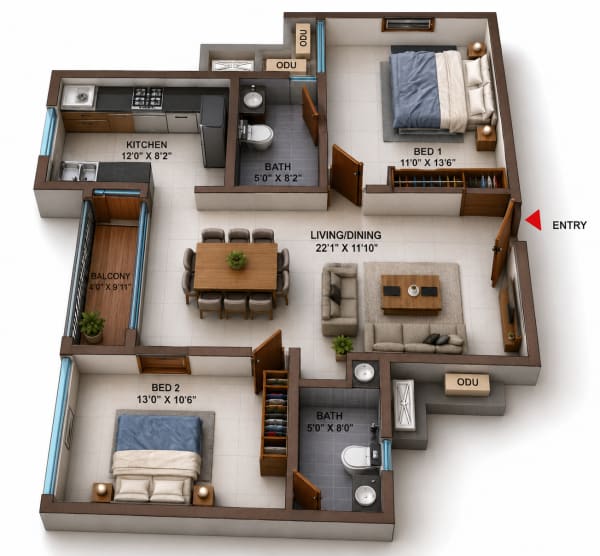2 BHK Apartment floor plan