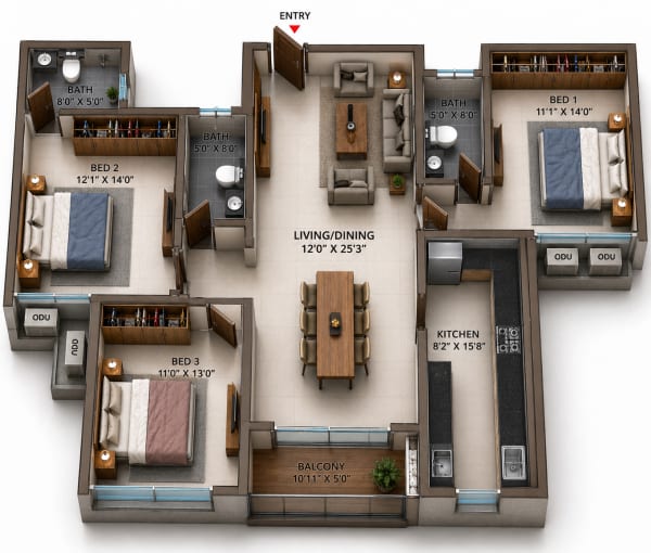 3 BHK Apartment floor plan — Casagrand Highcity