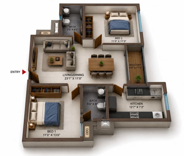 2 BHK Apartment floor plan