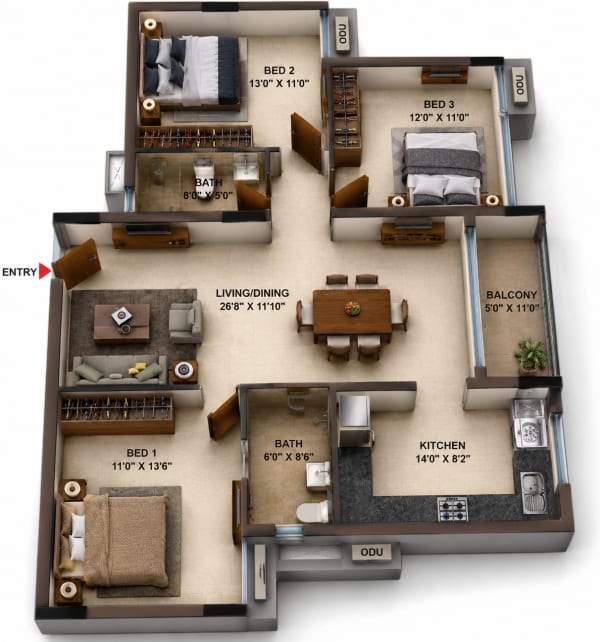 3 BHK Apartment floor plan — Casagrand Estoria