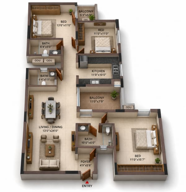 3 BHK Apartment floor plan — Casagrand Elysium