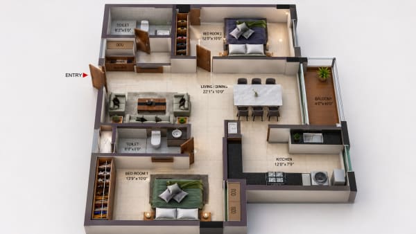 2 BHK Apartment floor plan