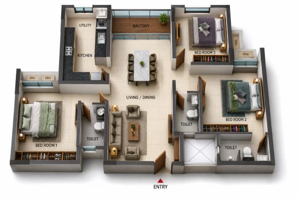 3 BHK Apartment floor plan — Casagrand Estia