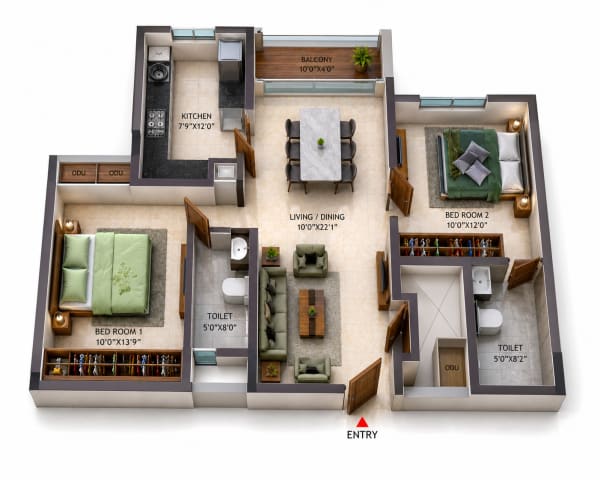 2 BHK Apartment floor plan