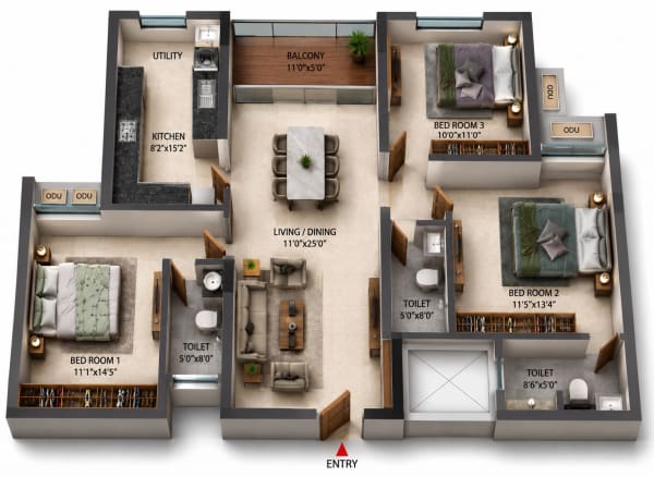 3 BHK Apartment floor plan — Casagrand Estia