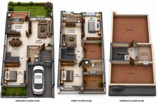 3 BHK Villa floor plan
