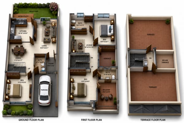 3 BHK Villa floor plan