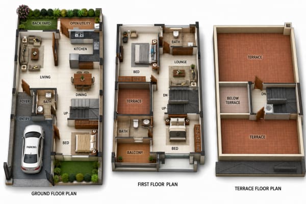 3 BHK Villa floor plan