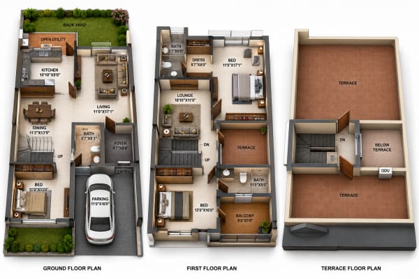 3 BHK Villa floor plan