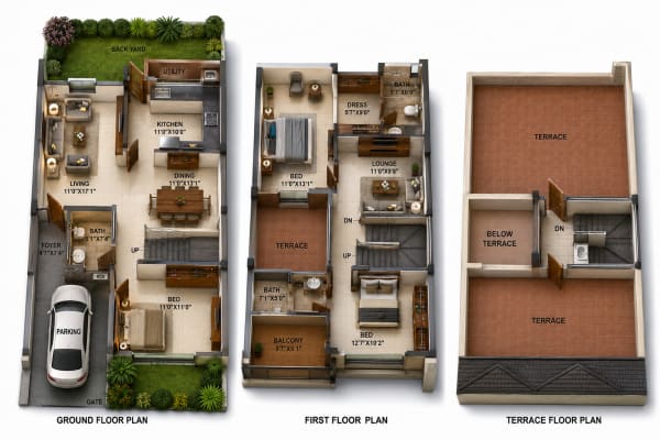 3 BHK Villa floor plan