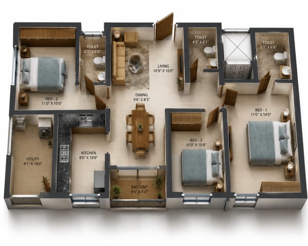 3BHK Apartment floor plan — DAC Madison