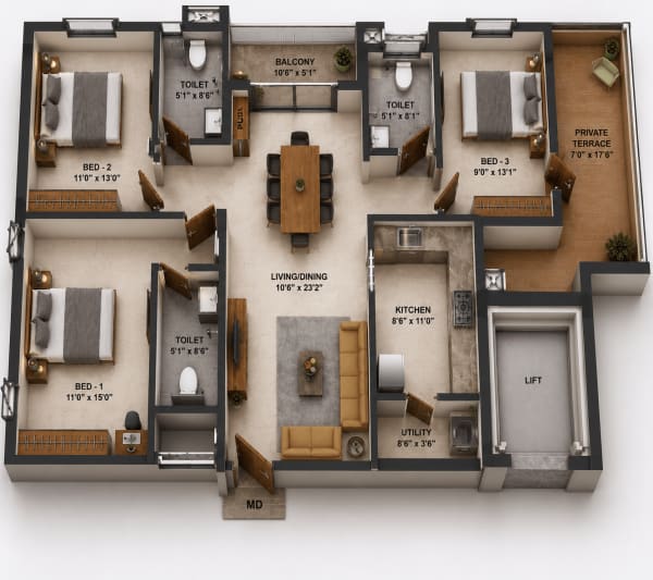 3BHK Apartment floor plan — DAC Cambridge