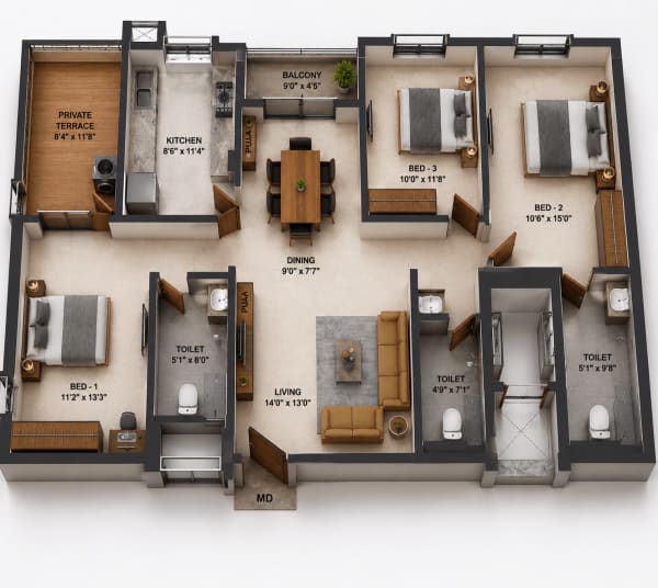 3BHK Apartment floor plan — DAC Cambridge