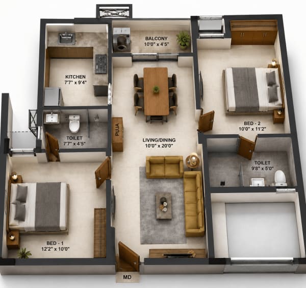 2BHK Apartment floor plan