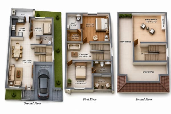 3 BHK Villa floor plan