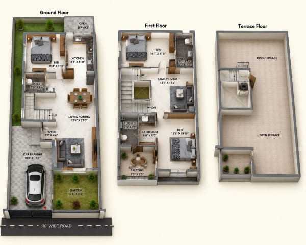 3 BHK Villa floor plan