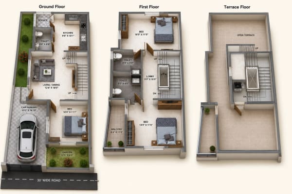 3 BHK Villa floor plan