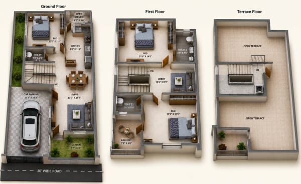 3 BHK Villa floor plan