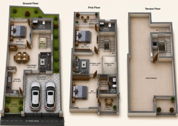 3 BHK Villa floor plan