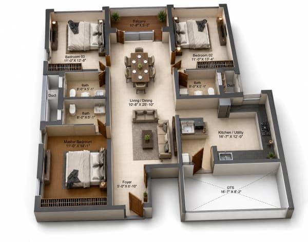 3 BHK Apartment floor plan