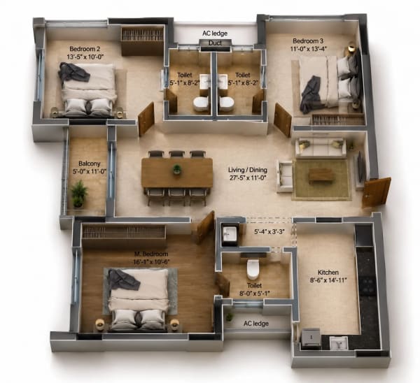 3 BHK Apartment floor plan — DRA Astra