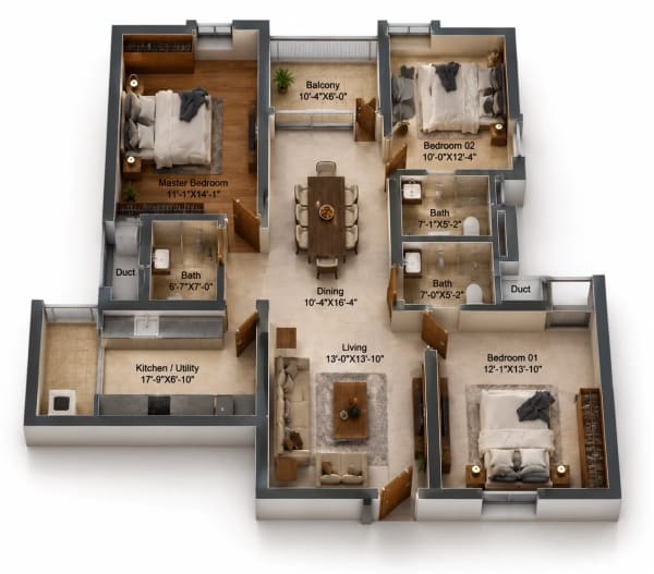 3 BHK Apartment floor plan — DRA Polaris