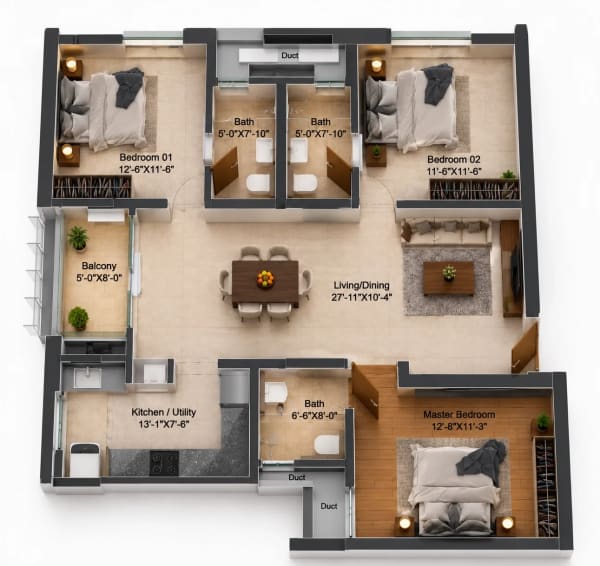 3 BHK Apartment floor plan — DRA Polaris
