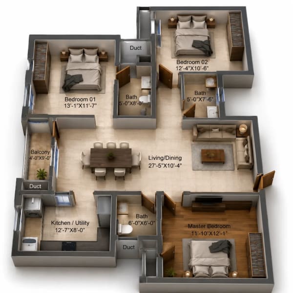 3 BHK Apartment floor plan — DRA Polaris