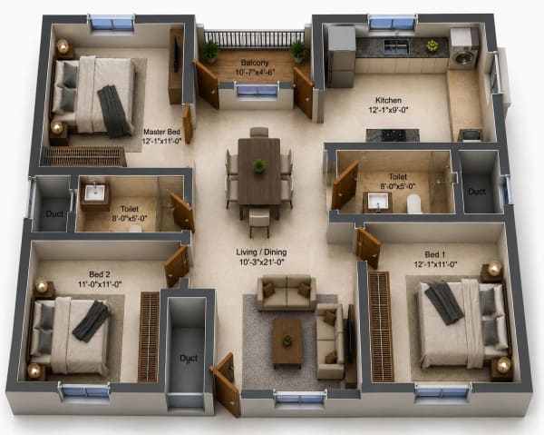 3 BHK Apartment floor plan — DRA Beena Clover