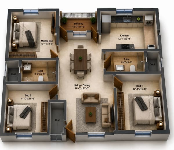 3 BHK Apartment floor plan — DRA Beena Clover