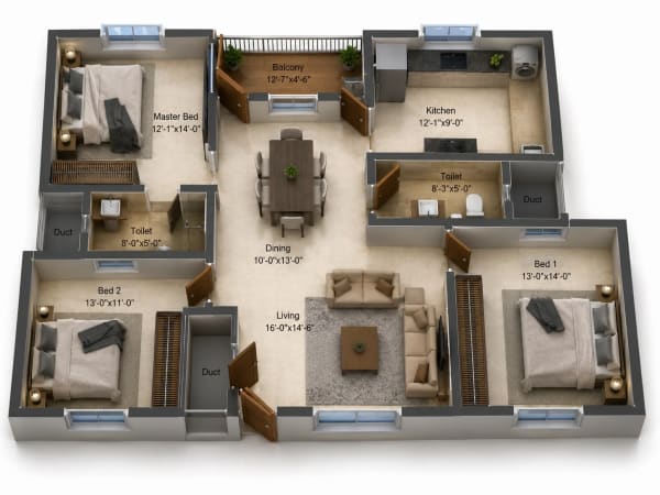 3 BHK Apartment floor plan — DRA Beena Clover