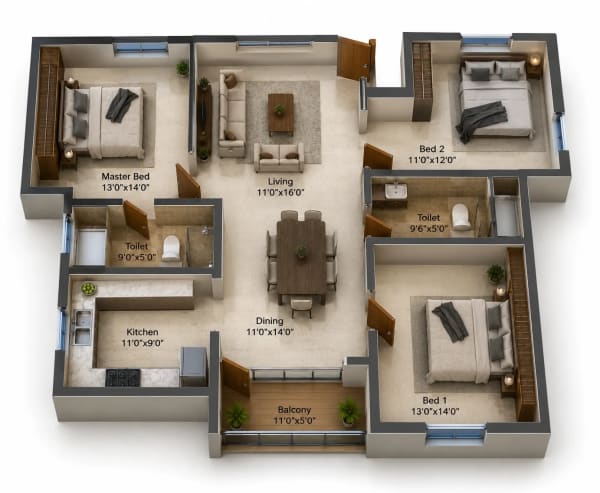 3 BHK Apartment floor plan — DRA Beena Clover