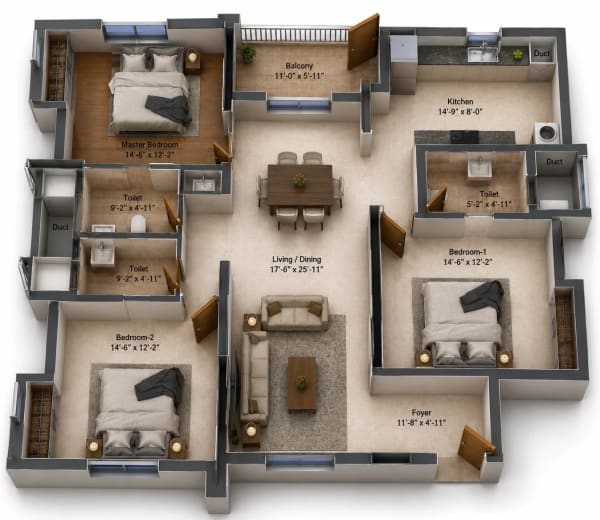 3 BHK Apartment floor plan