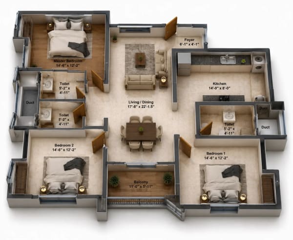 3 BHK Apartment floor plan