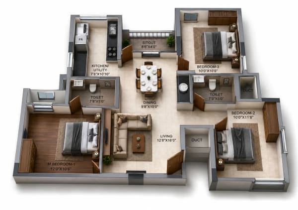 3 BHK Apartment floor plan