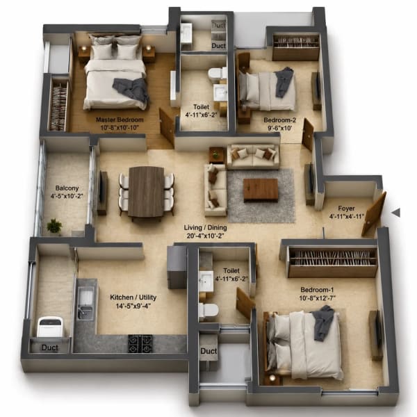 3 BHK Apartment floor plan — DRA Skylantis