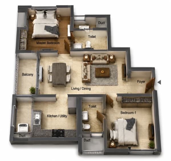2 BHK Apartment floor plan