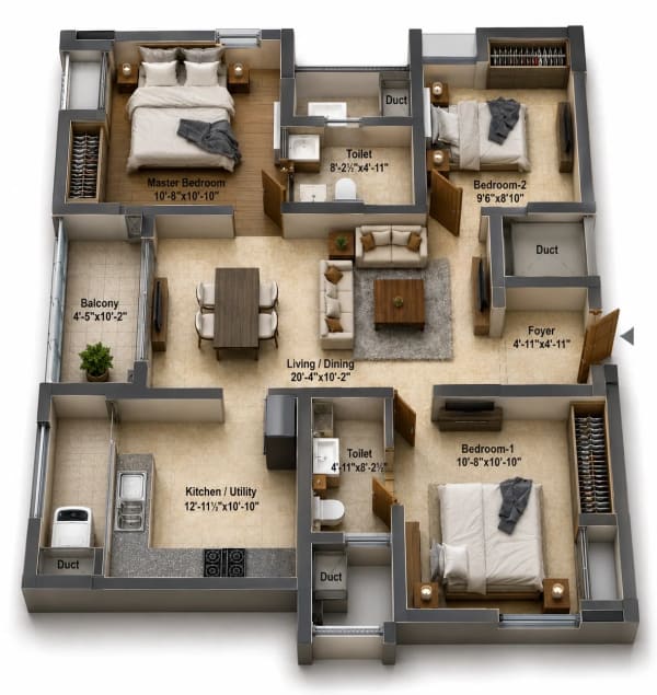 3 BHK Apartment floor plan — DRA Skylantis