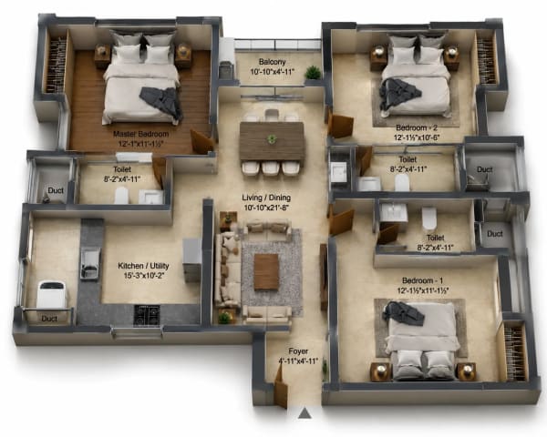 3 BHK Apartment floor plan — DRA Skylantis