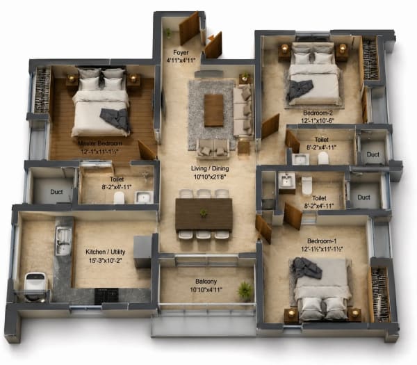 3 BHK Apartment floor plan — DRA Skylantis