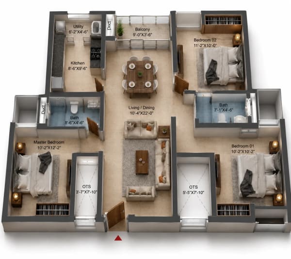 3 BHK Apartment floor plan — DRA Harmony