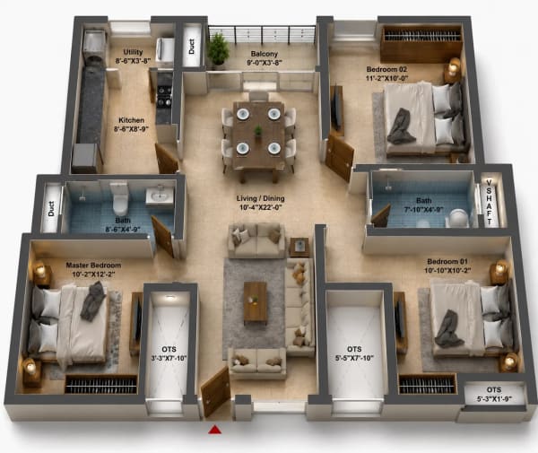 3 BHK Apartment floor plan — DRA Harmony
