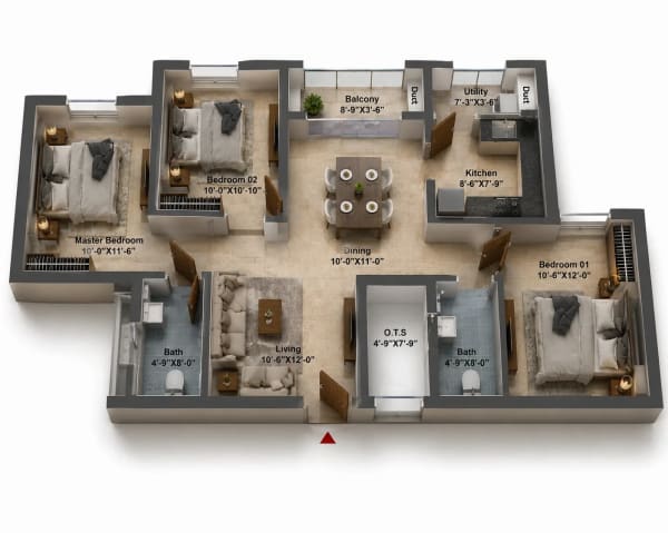 3 BHK Apartment floor plan — DRA Harmony