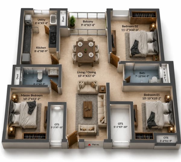 3 BHK Apartment floor plan — DRA Harmony